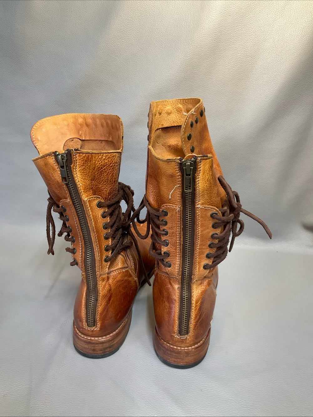 BED|STU Cognac Brown Leather Lace-Up Studded Ankle Boots - Picture 5 of 11